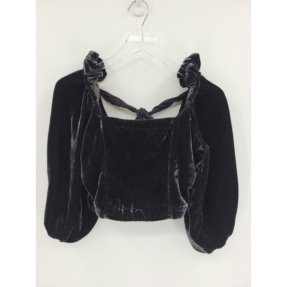 Whimsigoth Crop‎ Top XS Velvet Fairy Grunge Black Balloon Tie Boho Free People